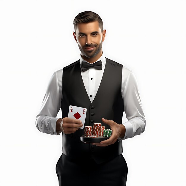 3D del dealer del casinò che indossa un'uniforme con il logo del casinò, un'inversione di tendenza di carattere elevato su BG bianco