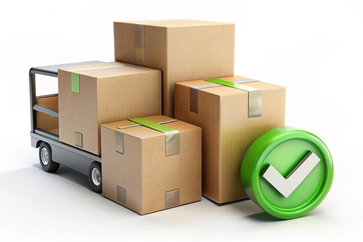3D Delivery package and check mark Shipping box and cardboard box Shipping transportation safe delivery concept Trendy and modern vector in 3d style