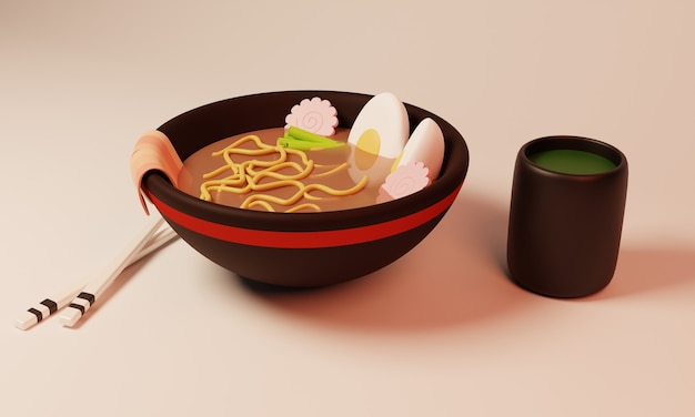 3d design illustrazione ramen tè verde
