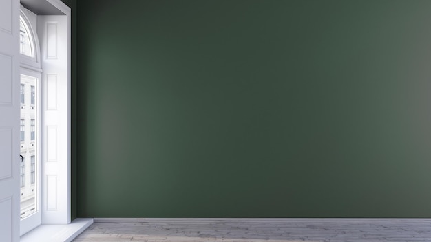 3d design mockup muro verde scuro in una stanza vuota con pavimento in legno e finestre francesi alte bianche.