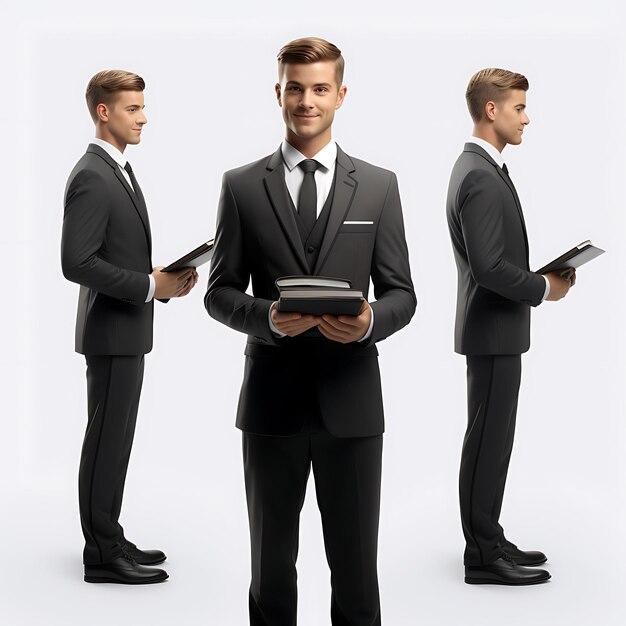 3D di concierge in abbigliamento professionale o uniforme focalizzato sul turnaround del personaggio su BG bianco