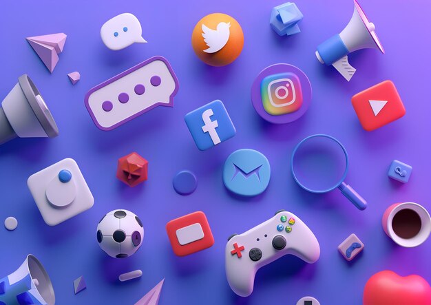 3D di elementi di social media come pollici in alto una bolla di discorso un controller di videogioco