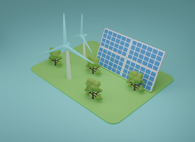 3d di illustrazione di energia rinnovabile.energia rinnovabile con pannello solare e turbina nel campo. rendering 3d