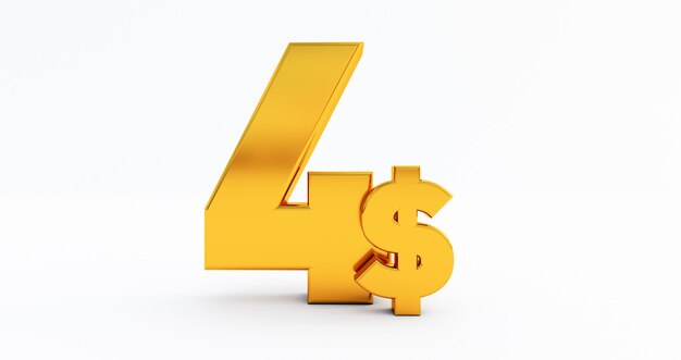 3D di quattro dollari isolato su sfondo bianco, dollaro USA $, dollaro $ quattro d'oro