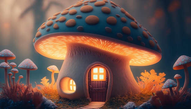 3d di un villaggio con cottage Leprechaun di notte Foresta di fantasia con casa dei funghi fiaba