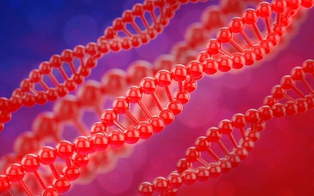 3d Digital che rende struttura rossa del DNA e fondo della molecola del bokeh