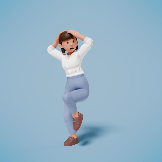 3D donna scioccata e spaventata come ha alzato entrambe le mani sopra la testa