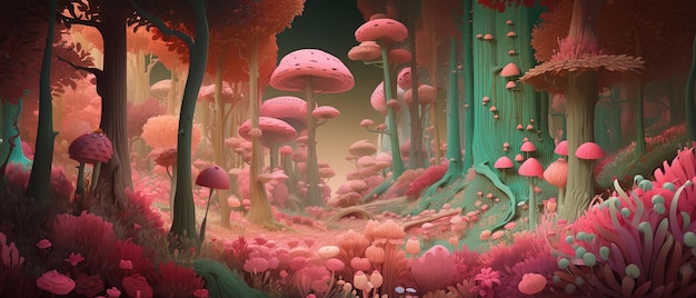 3D Fantasy Forest disegna flora vibrante e alberi contorti