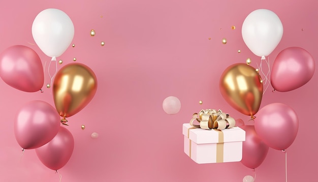 3d Festa di compleannoanniversario con scatola regalo bianco rosa e oro palloncini sfondo 26
