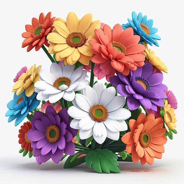 3D fiori colorati sono un mazzo di fiori multicolori Sfondo bianco brillante