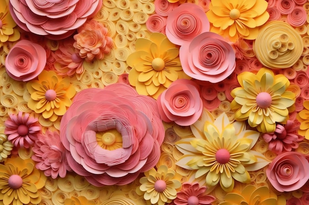 3D fiori gialli e rosa stratificati forme carta quilting modello colori vivaci AI generativo