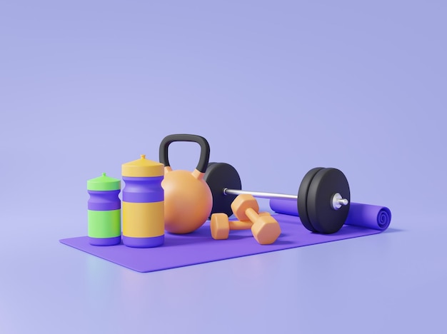 3D fitness esercizio set di attrezzi attrezzature sportive con manubri tappetino yoga acqua minerale assistenza sanitaria concetto sano cartone animato minimo su sfondo viola pastello 3d rendering illustrazione