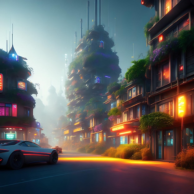 3D Future Town Illustrazione fotorealistica del villaggio illuminato al neon con un'auto sportiva