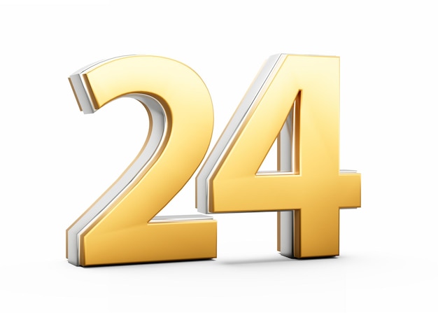 3D Golden Shiny Number 24 Twenty Four con contorno d'argento su sfondo bianco Illustrazione 3D