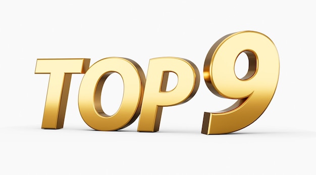 3d Golden Shiny Top 9 Testo Top Nine Testo 3d isolato su sfondo bianco Illustrazione 3d