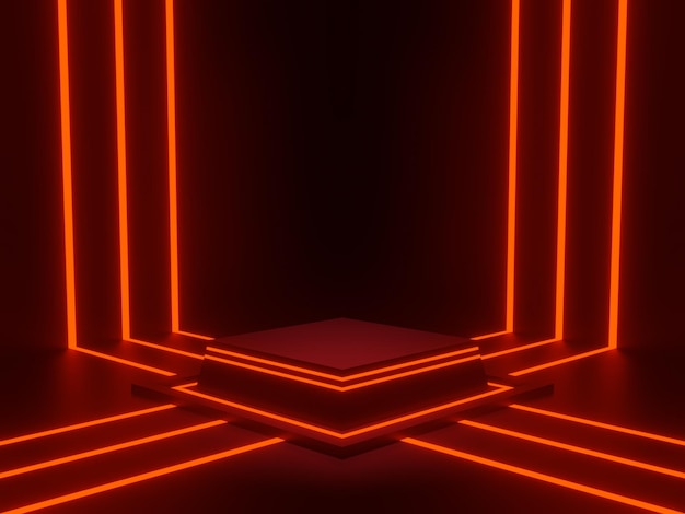 3D ha reso il podio del palcoscenico scientifico nero con luce al neon rossa. Sfondo scuro.