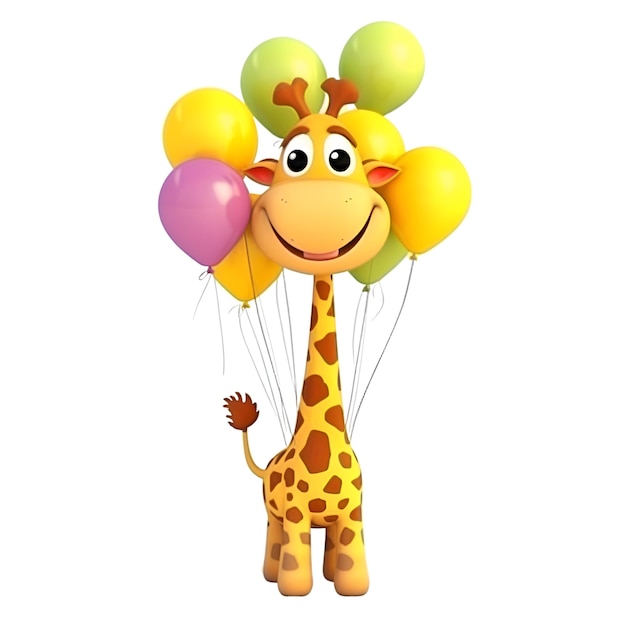 3d ha reso l'illustrazione del personaggio dei cartoni animati divertente della giraffa con gli aerostati di aria