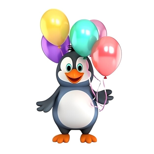 3d ha reso l'illustrazione di un personaggio dei cartoni animati del pinguino con i palloni di compleanno