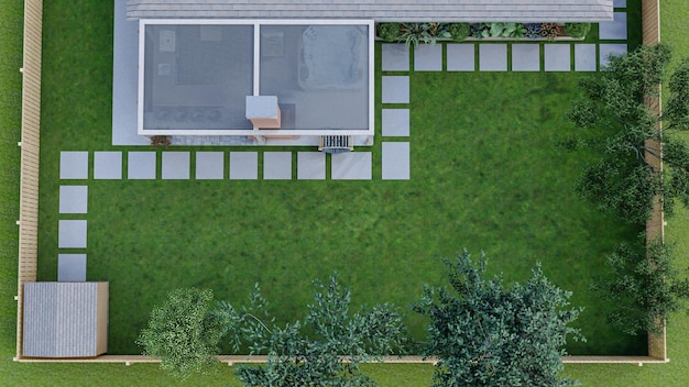 3D ha reso un cortile con pergolato, caminetto, cucina esterna, luce stringa con design finitrice