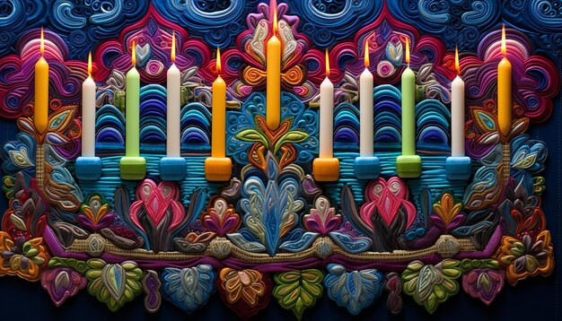 3D Hanukkah menorah ricamo multicolore