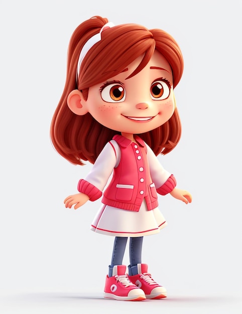 3D Happy Cartoon Character Girl Sottofondo bianco
