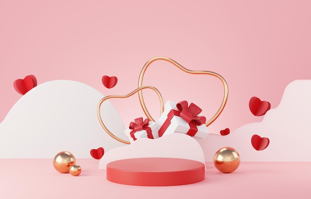 3D Happy Valentines Day Minimal dolce scena d'amore con podio per mock up e presentazione del marchio