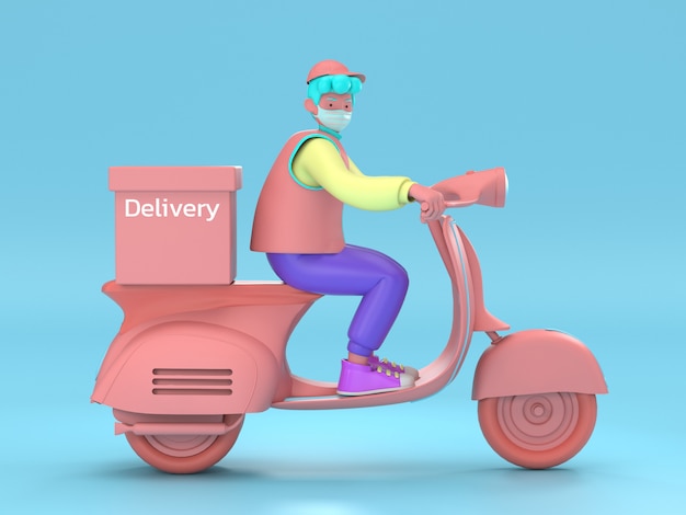 3d illustrano Consegna veloce e gratuita in scooter per il concetto di e-commerce mobile di servizio alimentare. Pagina Web grafica per ordini alimentari online, progettazione di app, consegna a domicilio e magazzino per ufficio