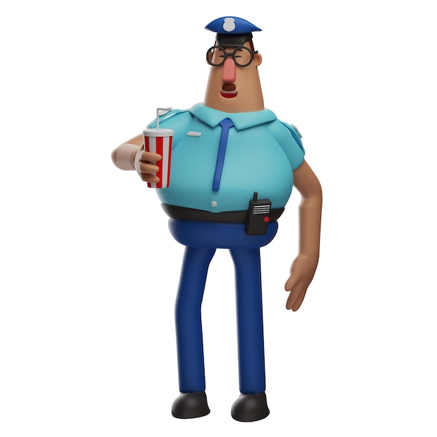 3D illustration 3D Police Officer Cartoon Character with a glass of cola in an upright standing pose