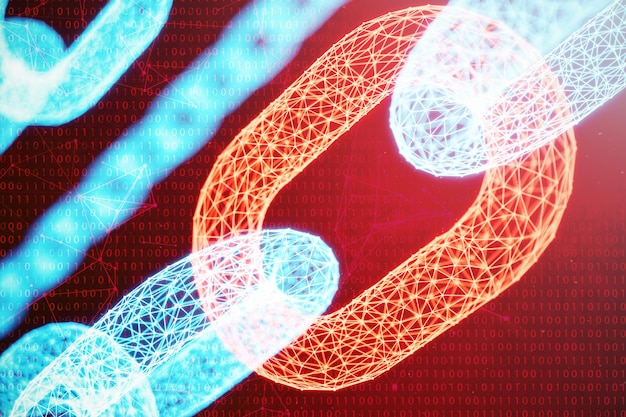 3D illustration digital block chain code. Chain links network. Low polygonal grid of triangles glowing in blue dot network, abstract background. Concept of Network, internet communication