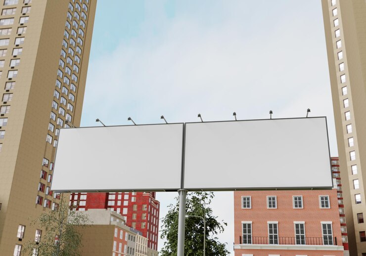 3D illustration mockup blank horizontal outdoors billboard near high building at downtown empty space for insert advertising communication marketing rendering