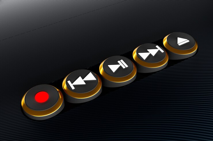 Photo 3d illustration of music switch button: start, next and previous song, stop and record on black isolated background