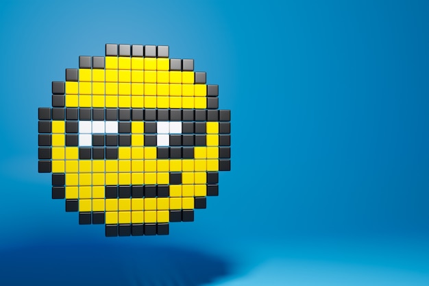 3d illustrazione colorata del volto sorridente da su sfondo blu isollated. Un'icona del volto di emoticon emoji in una pixel art
