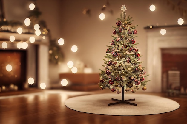 3d illustrazione del caminetto acceso con albero di natale