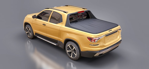 3D illustrazione del concetto giallo cargo pickup truck su sfondo grigio isolato. rendering 3D.