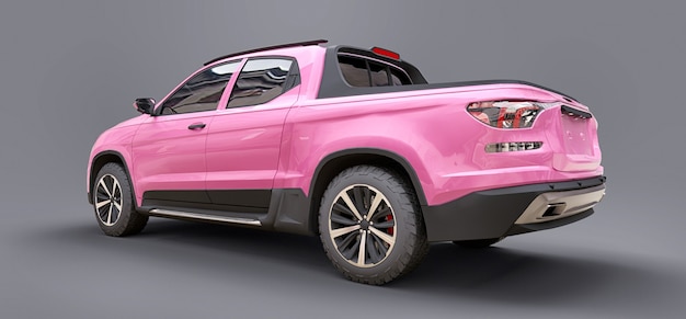 3D illustrazione del concetto rosa cargo pickup truck su sfondo grigio isolato. rendering 3D.