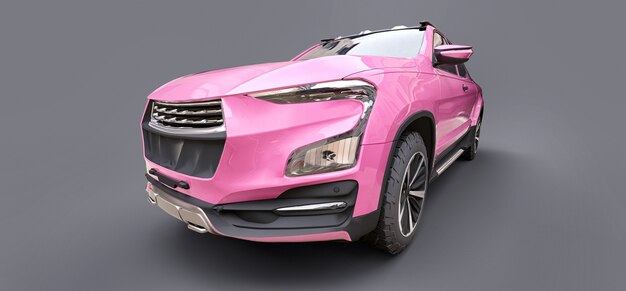 3D illustrazione del concetto rosa cargo pickup truck su sfondo grigio isolato. rendering 3D.