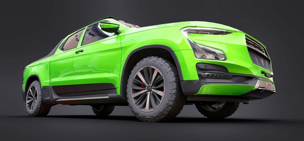 3D illustrazione del concetto verde cargo pickup truck su sfondo grigio isolato. rendering 3D.