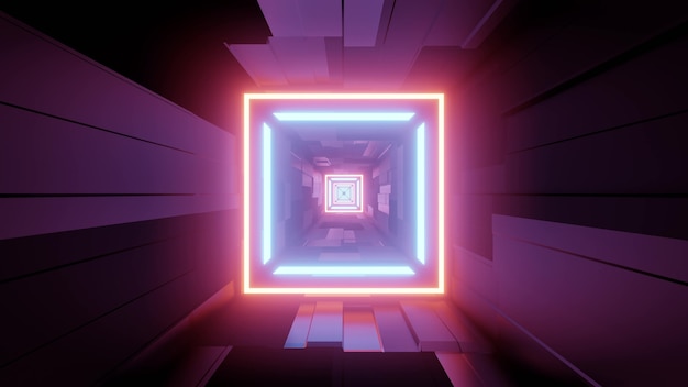 3d illustrazione del corridoio a forma quadrata con luci al neon