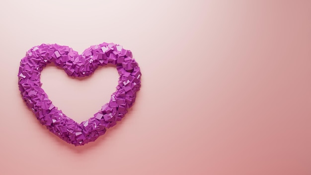 3d illustrazione del cuore costruito da cristalli viola opachi situati su uno sfondo rosa per usi di ro