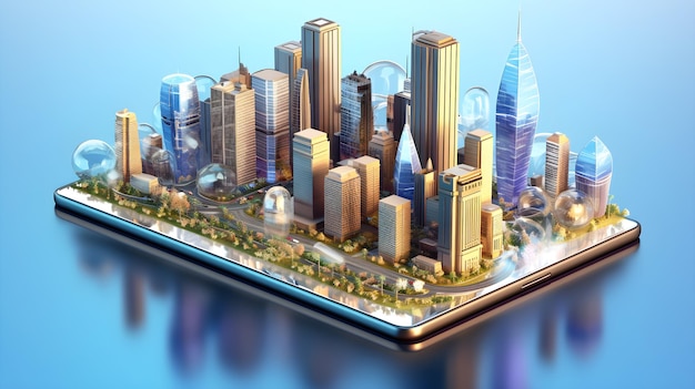 3d illustrazione del moderno skyline della città sullo smartphone