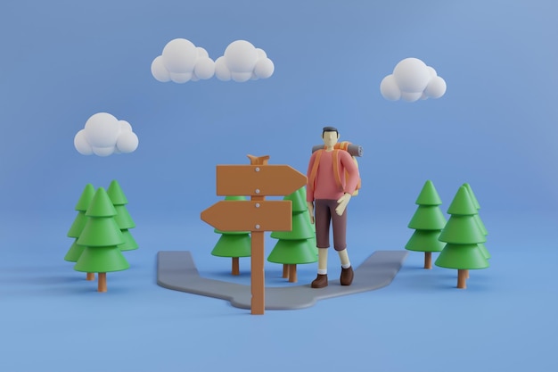 3d illustrazione del turista con gli zaini cammina attraverso la foresta. attività escursionistiche. rendering 3D.