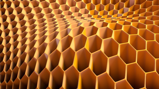 3d illustrazione della struttura a nido d'ape astratta esagonale. Rendering 3D con colori giallo scuro e arancio della struttura a nido d'ape esagonale