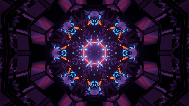 3d illustrazione di sfondo astratto del tunnel luminoso creativo con forme geometriche illuminate da luci al neon colorate