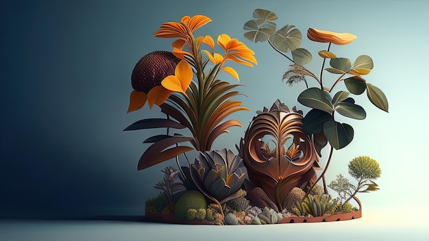 3d illustrazione di un giardino fantastico con fiori e piante in vaso