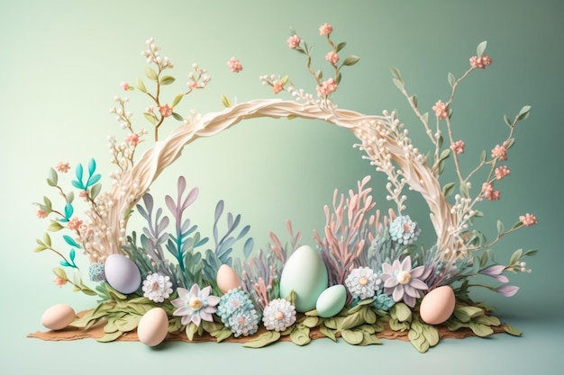 3d illustrazione di una corona di pasqua con fiori e uova IA generativa