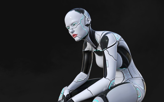 3d illustrazione di una donna AI cyborg posa su sfondo nero con tracciato di ritaglio progetto AI