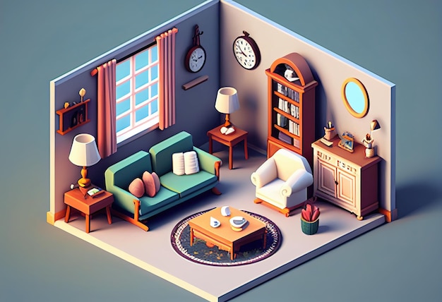 3d illustrazione isometrica low poly soggiorno carino illustrazione AI generativa