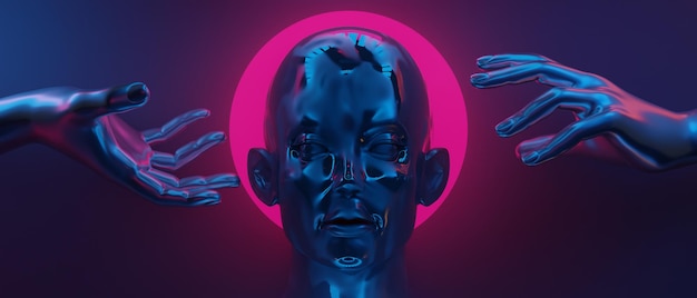 3d illustrazione rendering di robot mano tecnologia futuristico cyberpunk display gioco scifi palco piedistallo sfondo giocatore banner segno neon bagliore stand podio