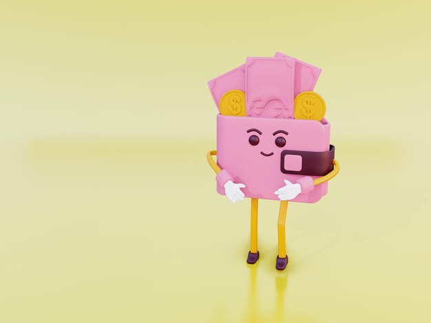 3D illustrazione simpatico personaggio portafoglio con completamente denaro