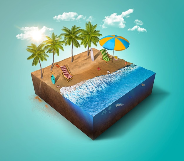 3d isometrica spiaggia design pezzo di terra con mare e palme pezzo di spiaggia isolato